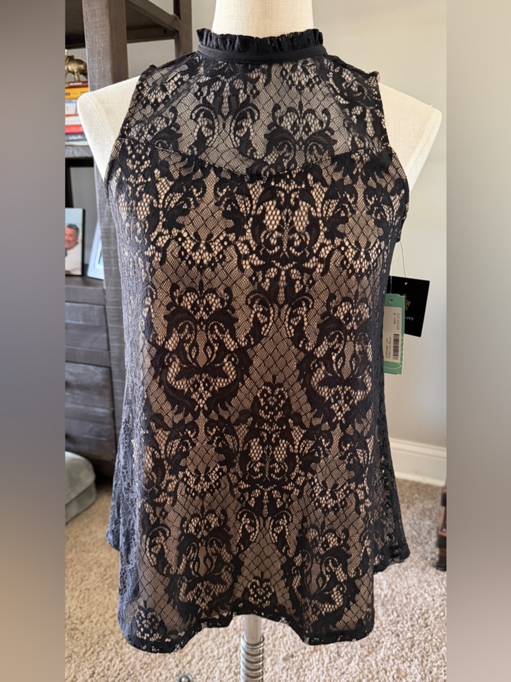 Fortune & Ivy Black Lace Overlay Top with Nude Underlay - Medium